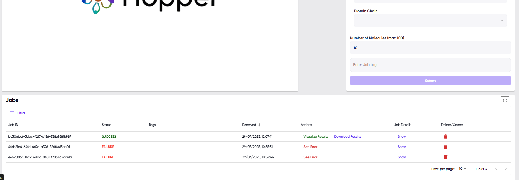 MoleculeGEN Hopper User Inputs